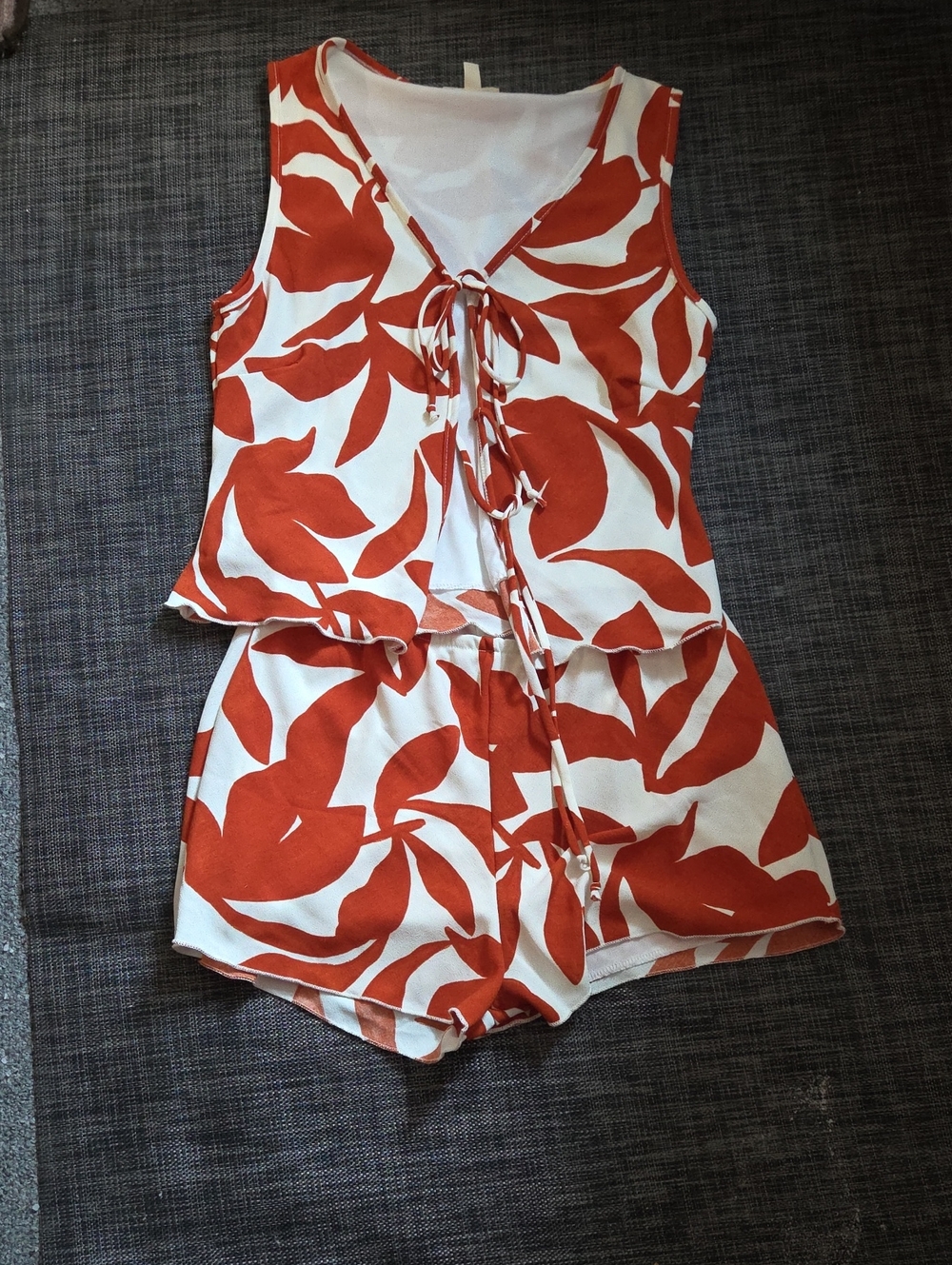 See You Monday White and Orange Leaf-Print Tie-Front Top And Shorts Set